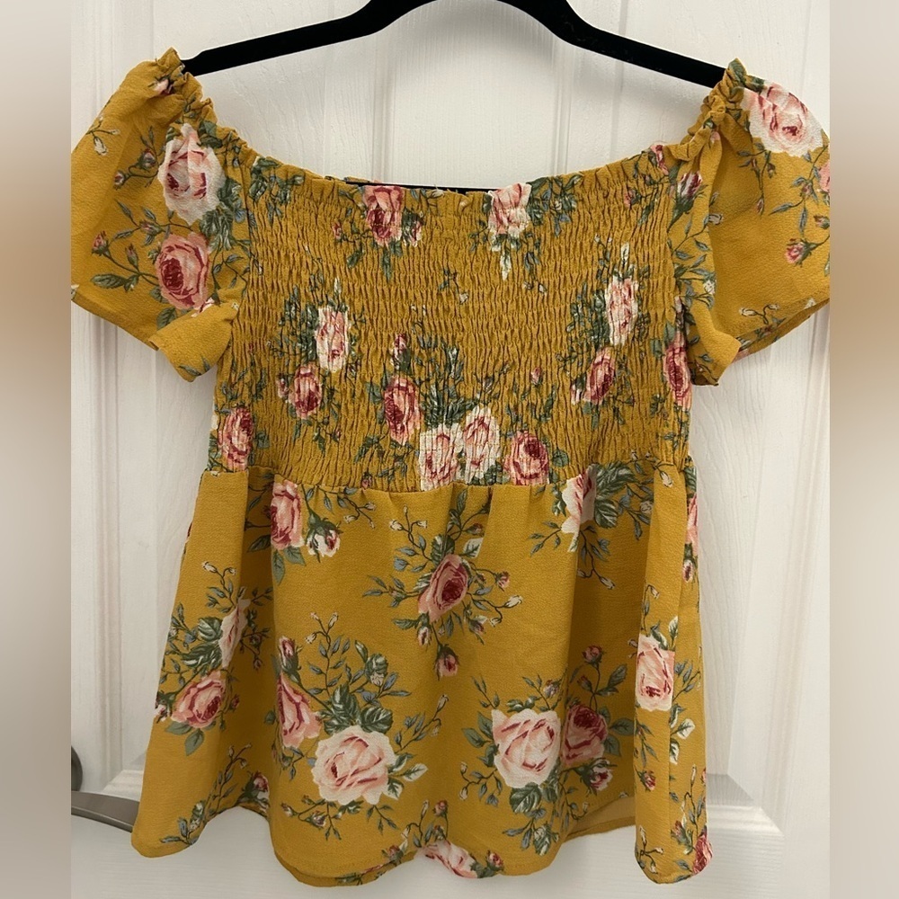 Monteau Mustard Floral Off-Shoulder Blouse, Sz M - Picture 3 of 5